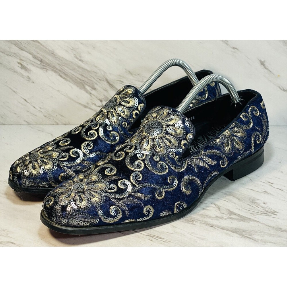 After Midnight Men  Dress Shoe Sz 9 Slip On Embroidered Sequin Velvet Navy Blue